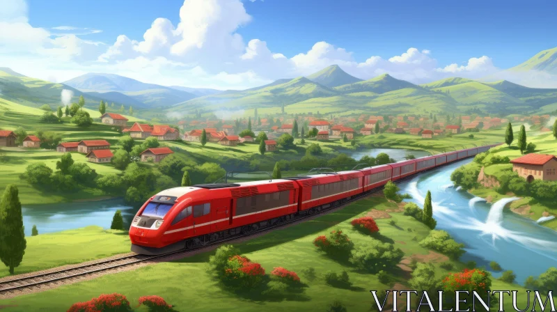 Scenic Train Journey Through Valley - Tranquil Landscape View AI Image