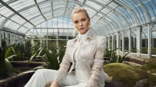 Serious Blonde Woman in White Pantsuit at Greenhouse
