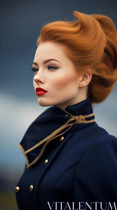 Serious Young Woman in Blue Suit with Red Hair AI Image