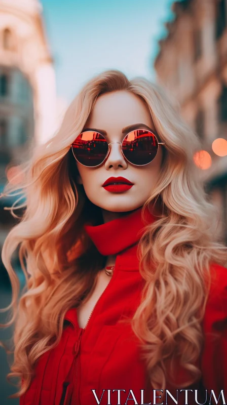 Stylish Woman in Red Turtleneck Blouse and Sunglasses AI Image