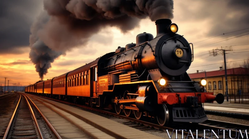 Sunset Steam Locomotive on Railroad Tracks AI Image