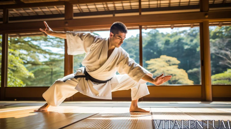 Traditional Karate Practice in Wooden Dojo AI Image