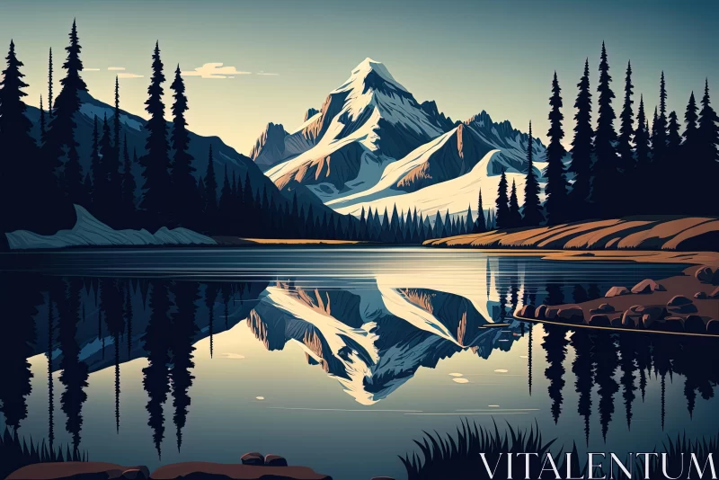 Vintage Poster Illustration: Serene Lake and Majestic Mountains AI Image
