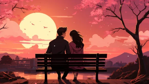 Anime Couple Sunset Bench Artwork