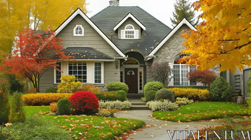 Beautiful House with Grey Stone Exterior and Fall Season Trees AI Image