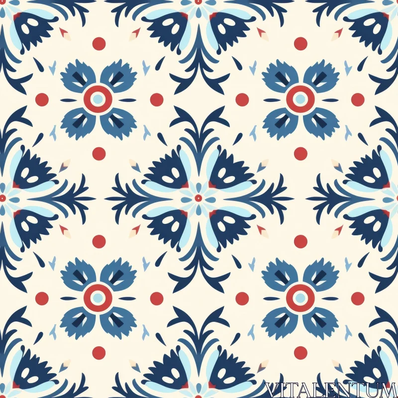 Blue and Red Floral Seamless Pattern on Cream Background AI Image