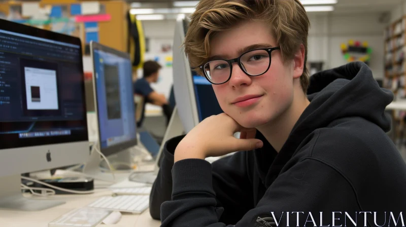 Captivating Image of a Thoughtful Teenage Boy in a Computer Lab AI Image