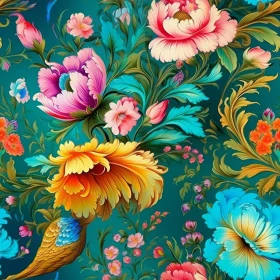 Colorful Floral Pattern with Birds and Leaves