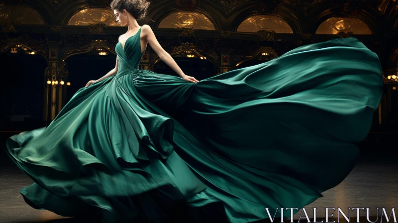 Elegant Woman in Luxurious Green Evening Dress AI Image