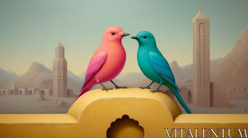 Enigmatic Bird Conversation in Surreal Cityscape AI Image