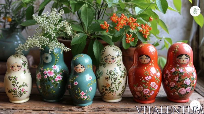 Exquisite Russian Nesting Dolls: Handcrafted Wood with Floral Designs AI Image