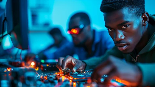 Intense Focus: African-American Computer Engineer Working on Circuit Board