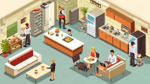 Isometric Office Kitchen Interior with People - Vector Illustration