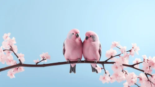 Pink Parrots on Cherry Blossom Branch - Serene Nature Scene