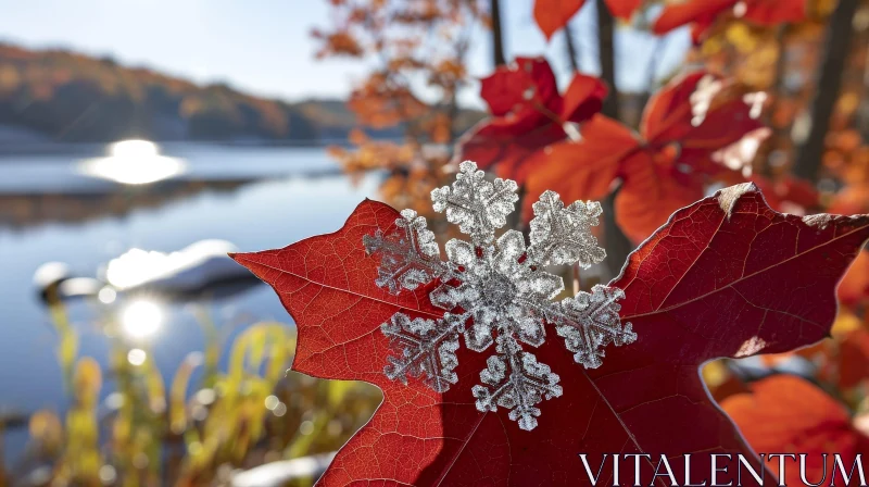 AI ART Red Maple Leaf and Snowflake Close-up