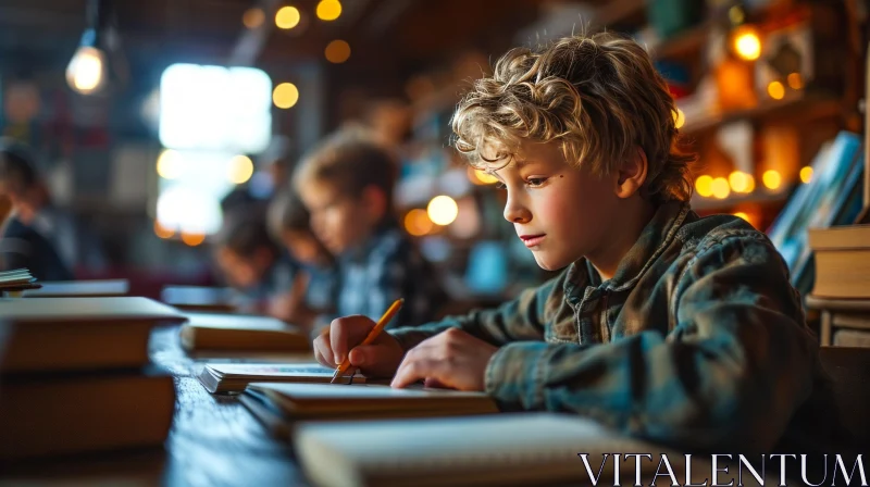 Thoughtful Schoolboy Writing at Desk Surrounded by Books AI Image