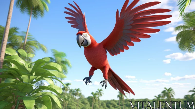 Vivid Red Parrot Flying in Jungle AI Image