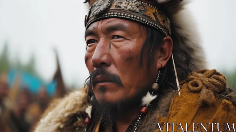 Weathered Mongolian Man Portrait - Traditional Clothing and Stern Expression AI Image