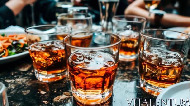 Whiskey Glasses on Table: A Captivating Scene of Conversation and Enjoyment AI Image