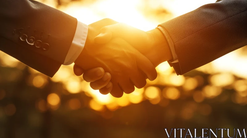 Agreement and Cooperation: Two People Shaking Hands in Front of the Setting Sun AI Image