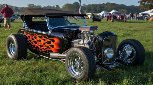 Black 1932 Ford Roadster Hot Rod with Flames on Grass Field