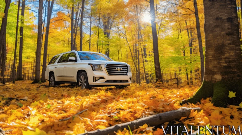 Captivating Forest Scene: Chevrolet Enclave Amidst Fallen Leaves AI Image