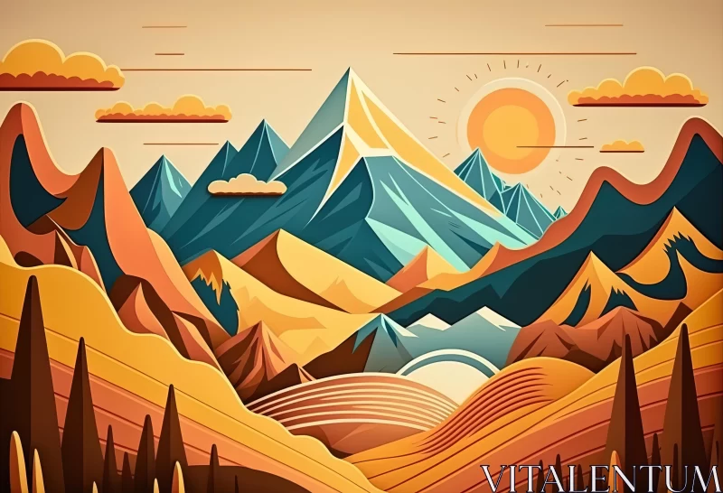 Captivating Mountain Landscape with Vibrant Sun | Hyper-detailed Illustrations AI Image
