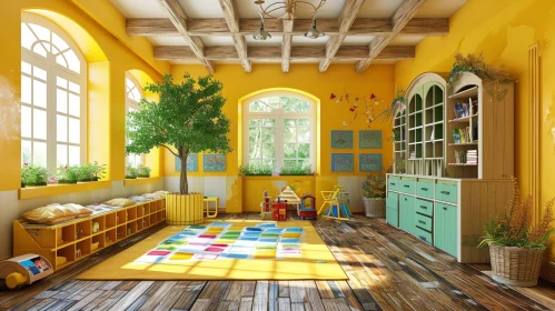 Cheerful Children's Playroom in Bright Yellow Color Scheme