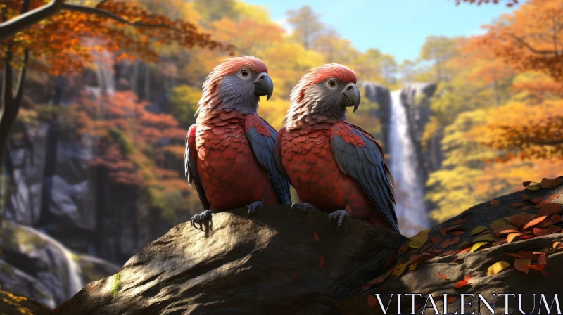 Colorful Parrots Perched by Waterfall AI Image