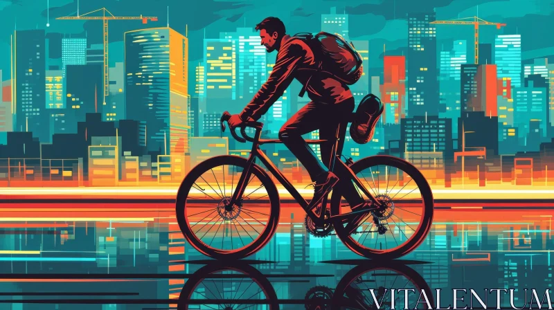 Digital Illustration of a Man Riding a Bicycle in an Urban Setting AI Image