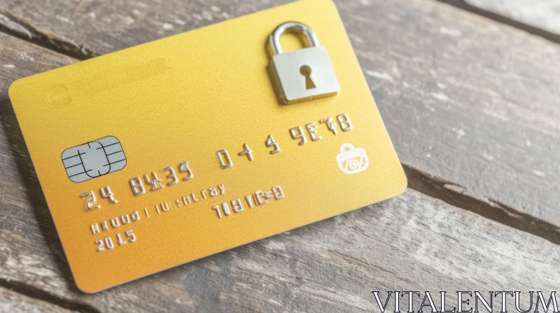 Golden Credit Card with Padlock on Wooden Table | Close-up AI Image