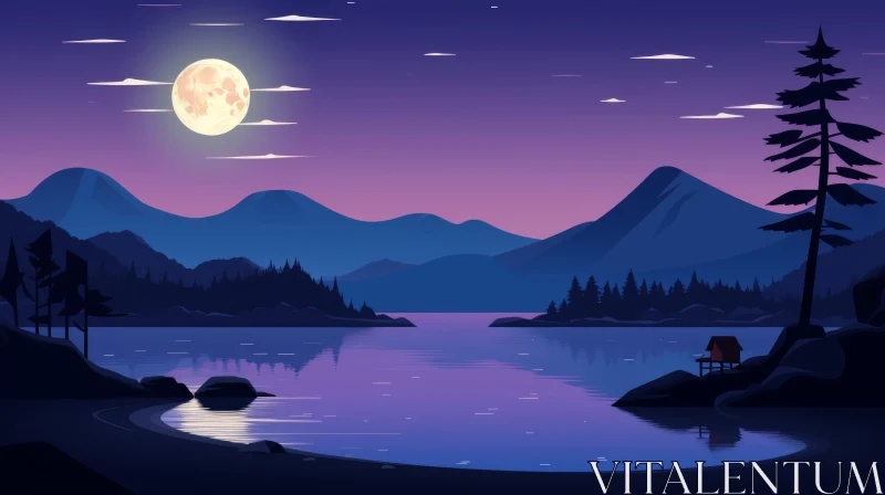 Moonlit Lake and Mountains Landscape AI Image