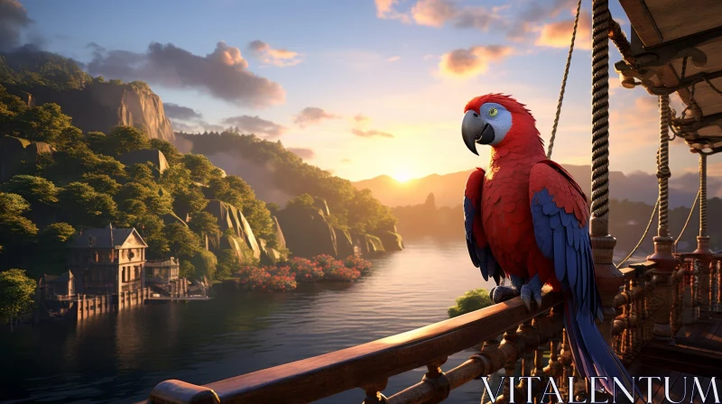 Parrot on Pirate Ship Digital Painting at Sunset AI Image