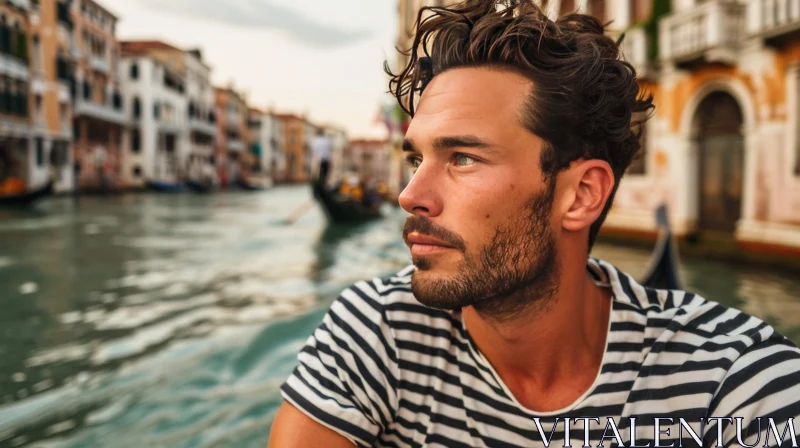 Pensive Male Model Standing Against a Venetian Canal AI Image