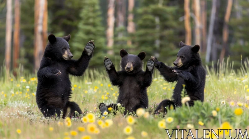 AI ART Playful Black Bear Cubs in Green Field