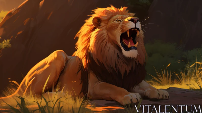 Realistic Lion Digital Painting on Rock AI Image