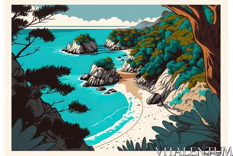 Serene Beach Print in Colored Cartoon Style - Vintage Poster Design AI Image