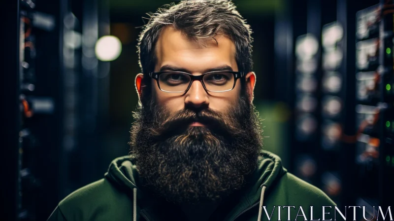 Serious Man Portrait with Beard and Glasses AI Image