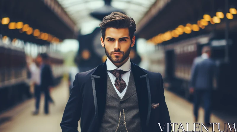 Serious Young Man in Black Suit at Train Station AI Image
