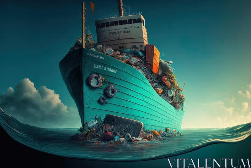 Ship Floating in Ocean with Garbage: Realistic and Moody Artwork AI Image