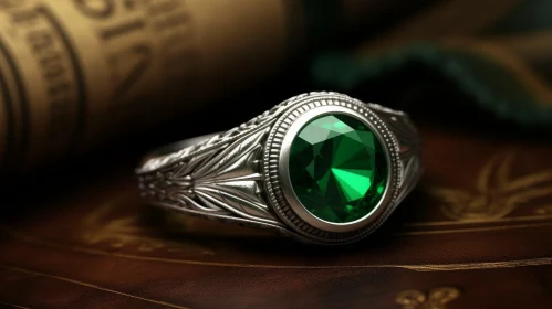 Silver Ring with Emerald Gemstone - 3D Rendering