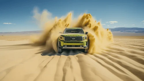 Vibrant Green SUV Driving Through Desert Landscape