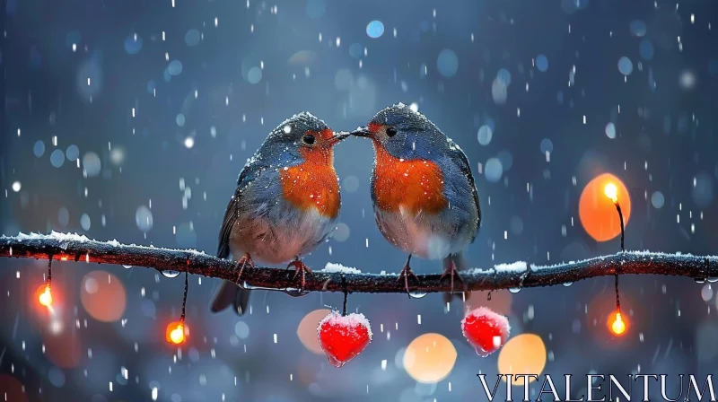 AI ART Winter Love: Birds Kissing on Snowy Branch