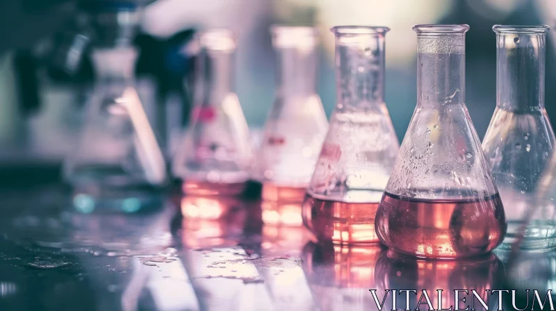 Abstract Lab Bench with Pink Liquid-filled Flasks AI Image
