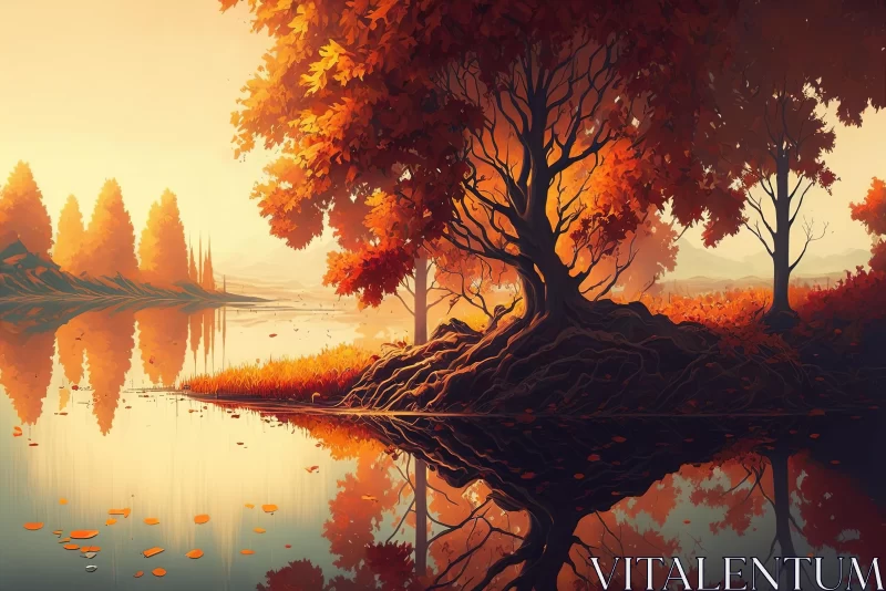 Captivating Autumn Landscape: Tree and Water Illustration AI Image