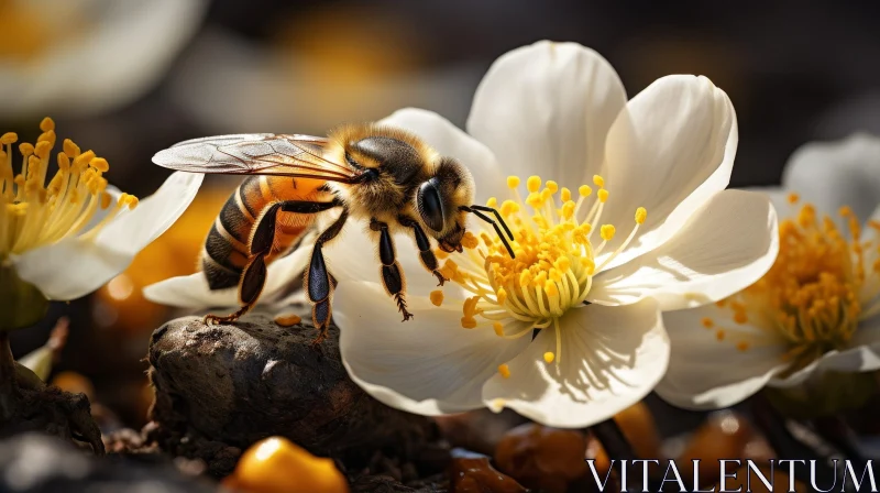 Close-Up Honeybee on White Flower - Nature Photography AI Image