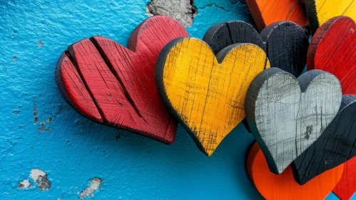 Colorful Wooden Hearts on Blue Wall