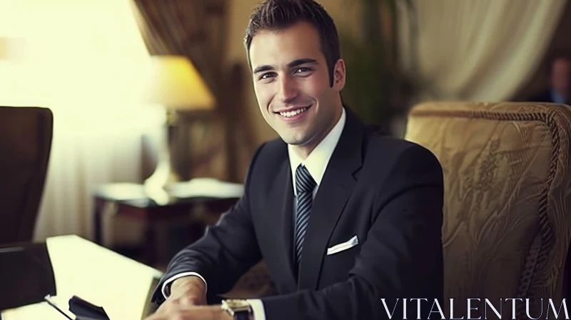 Confident Young Businessman in Office | Black Suit and Tie AI Image