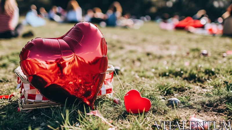 Heart Balloon Picnic Scene with People on Grass AI Image