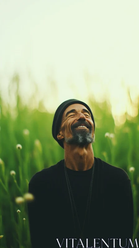 Joyful Man in Black Hat Standing in Green Field AI Image